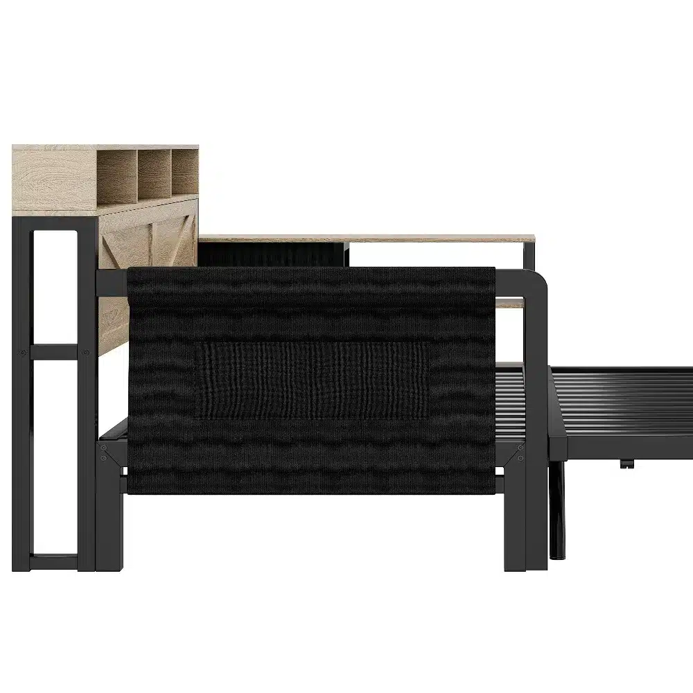 Must metallist diivanvoodi 90x200 cm, mille küljes on mugav LED valgus ja USB pesa. Taust on minimalistlik ning diivanvoodi on kujutatud külgvaates, rõhutades selle modernset disaini ja funktsionaalsust.