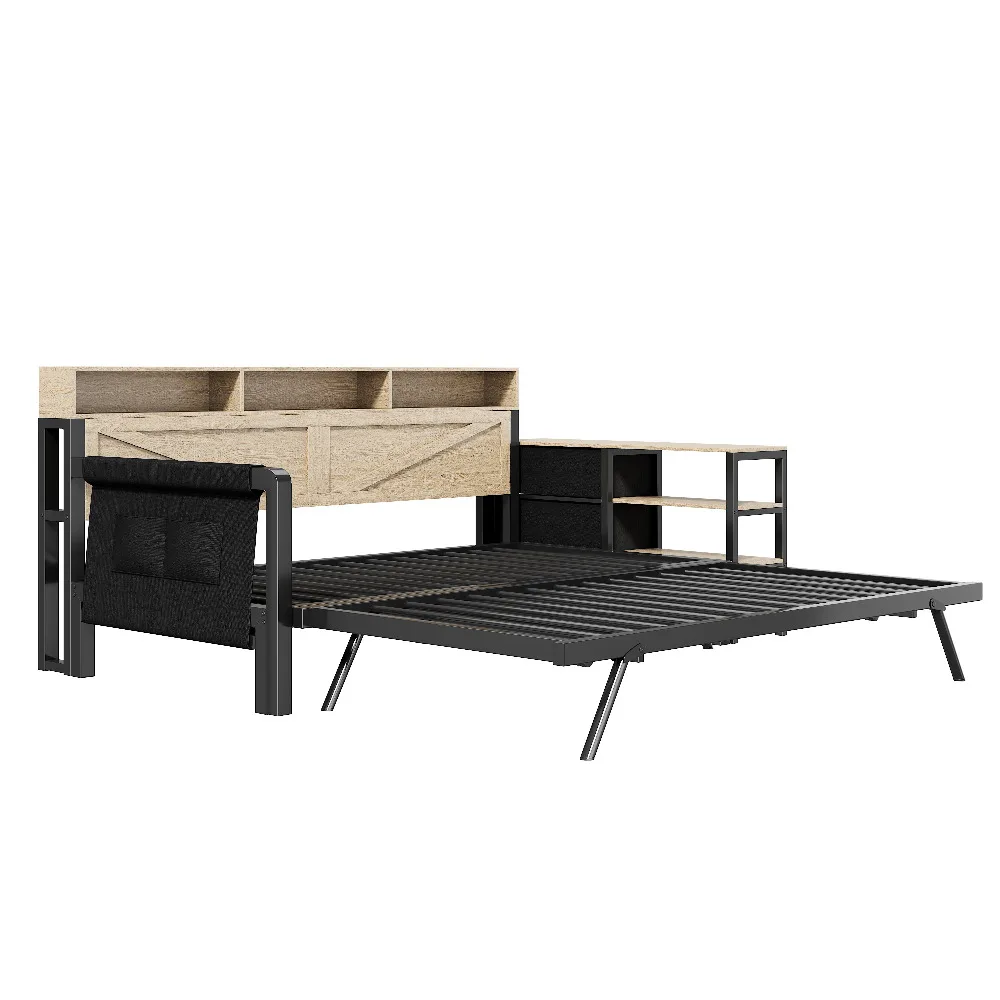 Diivanvoodi must metall 90x200 cm LED valguse ja USB pesaga, mis on näha koos avatud raamiga, mustal ja naturaalsel puidulisel taustal.