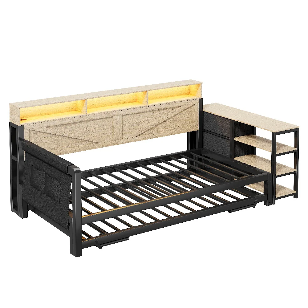 Diivanvoodi mustast metallist raamiga, mõõtmetega 90x200 cm, millel on lisatud LED valgustus ja USB pesa, minimalistliku disainiga heledal taustal.