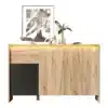 Puidust disain kummut LED valgustusega 120x76x40 cm | E-pood Tootemaailm Puidust disain kummut LED valgustusega, mõõtudega 120x76x40 cm, loodud kaasaegsest heledast puidust. Kummutil on kaks musta sahtlit vasakul küljel ja kaks puitsed ust paremal, mis annavad elegantse välimuse. LED valgus külgedel rõhutab kummuti modernset disaini.