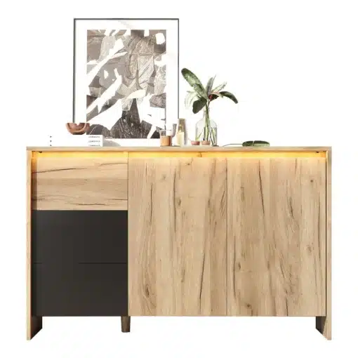 Puidust disain kummut LED valgustusega 120x76x40 cm | E-pood Tootemaailm Puidust disain kummut LED valgustusega, mõõtudega 120x76x40 cm, loodud kaasaegsest heledast puidust. Kummutil on kaks musta sahtlit vasakul küljel ja kaks puitsed ust paremal, mis annavad elegantse välimuse. LED valgus külgedel rõhutab kummuti modernset disaini.