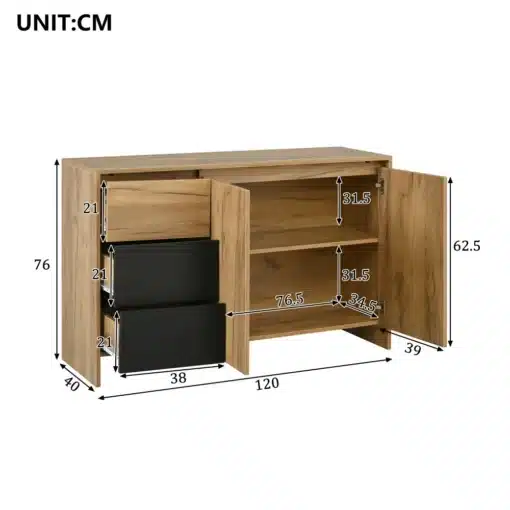 Puidust disain kummut LED valgustusega 120x76x40 cm | E-pood Tootemaailm Puidust disain kummut LED valgustusega, mõõtudega 120x76x40 cm, naturaalse puidu tooniga, avatud uste ja mitme riiuliga, mis pakuvad praktilist hoiuruumi.