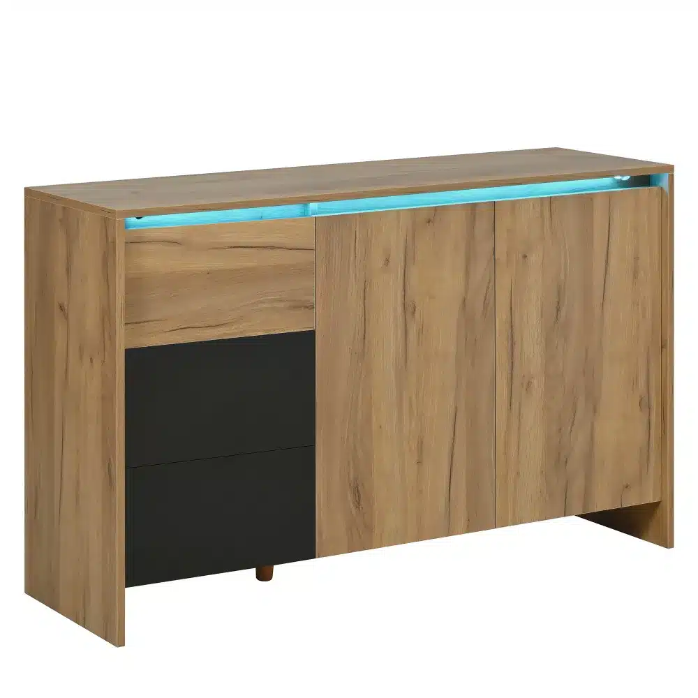 Puidust disain kummut LED valgustusega, dimensioonid 120x76x40 cm, helepruuni naturaalse puidu välimusega, sisaldab ka musta värvi sahtleid, üleval helesinine LED riba. Sobib ideaalselt elutoa ja magamistoa kaasaegsesse interjööri.