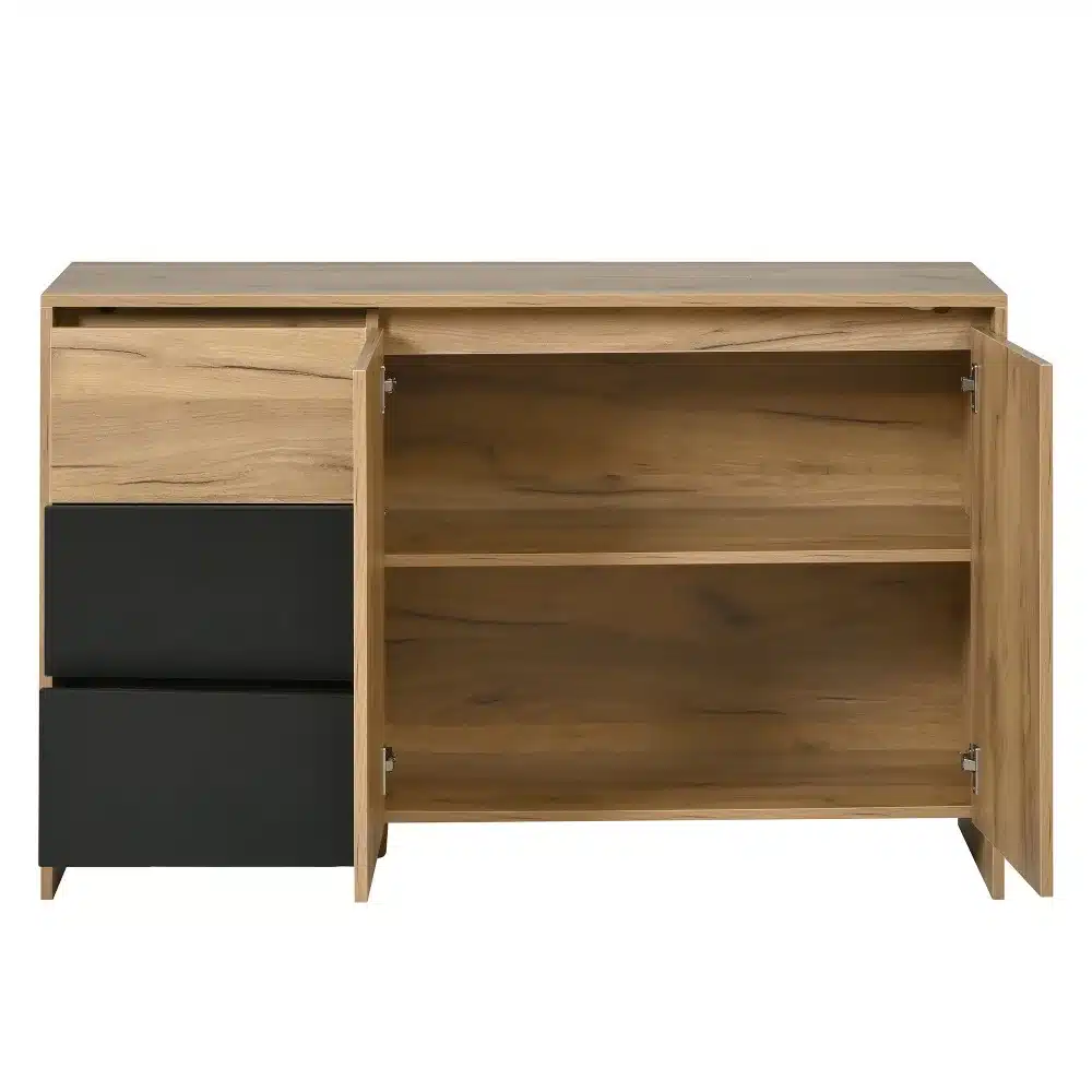 Puidust disain kummut LED valgustusega 120x76x40 cm, helepruun puidust pind ja mustad sahtlid avatud uste ja riiulitega, mis paljastavad ruumika sisemuse.