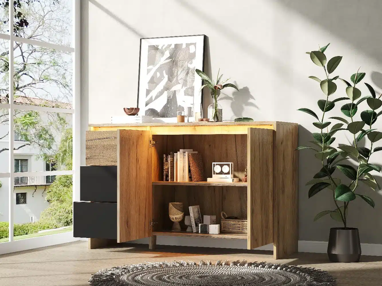 Puidust disain kummut LED valgustusega, mõõtmetega 120x76x40 cm, asub avaras ja valgustatud toas. Kummutil on mitu avatud ja suletud sektsiooni, mis on ideaalne raamatute või dekoratiivesemete hoidmiseks. Looduslik puiduvärv kombineerub modernsete lisadega, pakkudes praktilist ja stiilset lahendust.