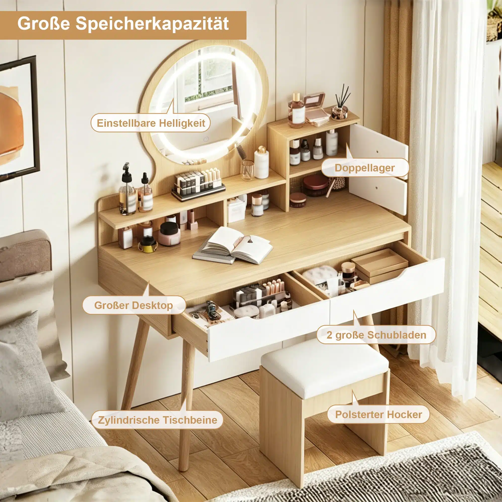 Tualettlaud led-peegli ja polsterdatud tabureti ning sahtlitega. Naturaalne puidust laud koos suure ümmarguse LED-valgustusega peegliga. Laud on kaetud erinevate kosmeetikatoodetega, sahtlid avatud ja näitavad hoolikalt paigutatud esemeid. Väike polsterdatud taburet on laua all.