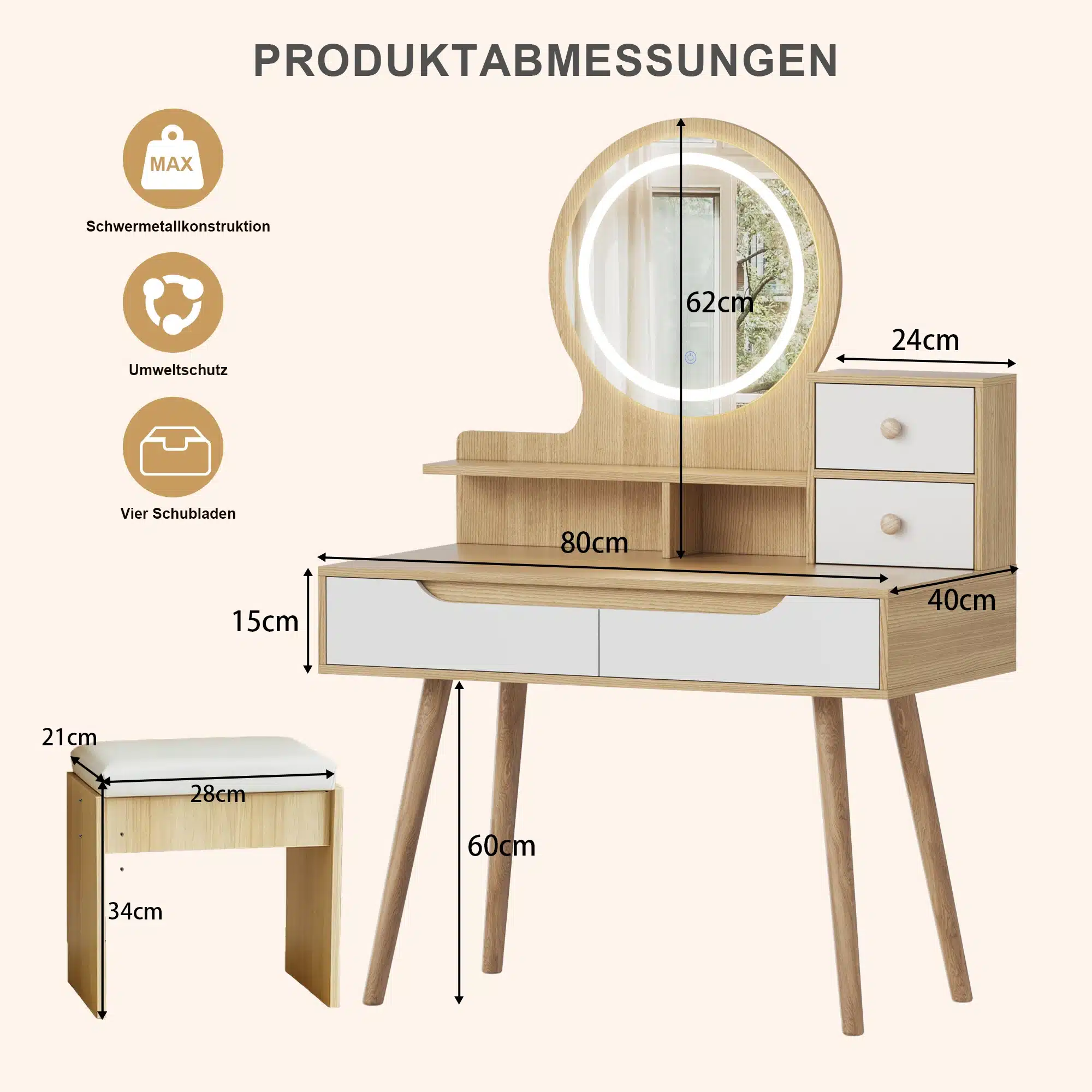 Elegantne tualettlaud led-peegli ja puidust konstruktsiooniga, millel on kaks sahtlit ning polsterdatud taburet. Laud on helepruuni värvi ja kaasaegse disainiga, asub neutraalsel taustal.