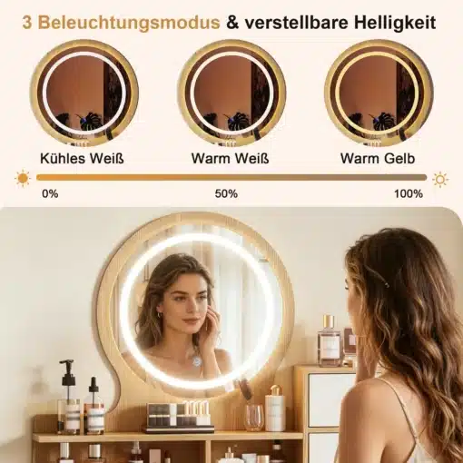 Tualettlaud led-peegli ja polsterdatud tabureti ning sahtlitega | E-pood Tootemaailm Naine vaatab end peeglist elegantse tualettlaua kohal, kus on led-valgustusega peegel ja polsterdatud taburet, peegel asub puidust riiulil koos ilutoodetega, erinevad valgusrežiimid kuvatakse üleval.