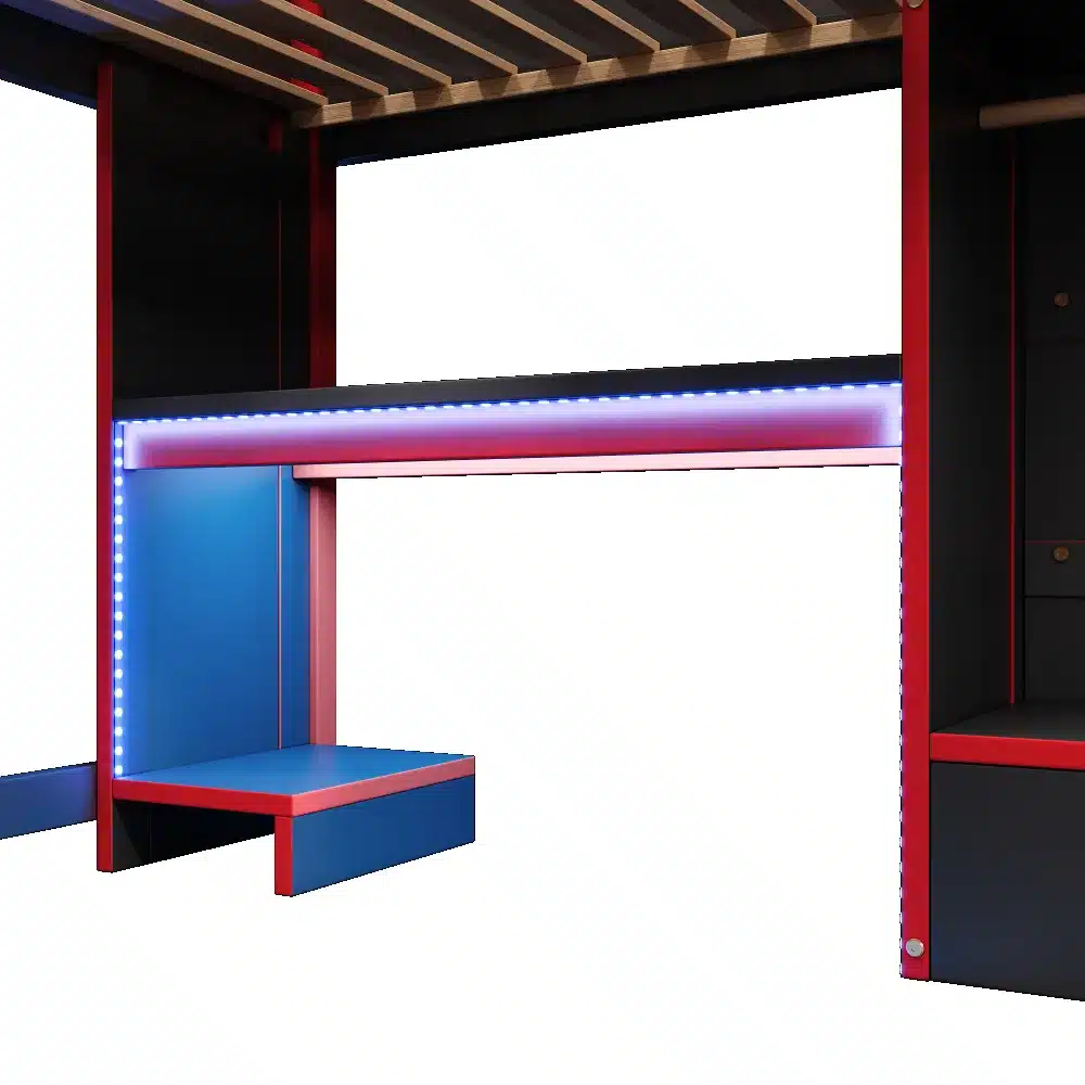 Must ja punane narivoodi 140x200 cm LED valgustuse, kapi ja lauaga kaasaegses stiilis. Puidust konstruktsiooni ja minimalistliku disainiga, sobib ideaalselt lastetuppa. Taust valge, esiplaanil on näha voodi ja laua osa.