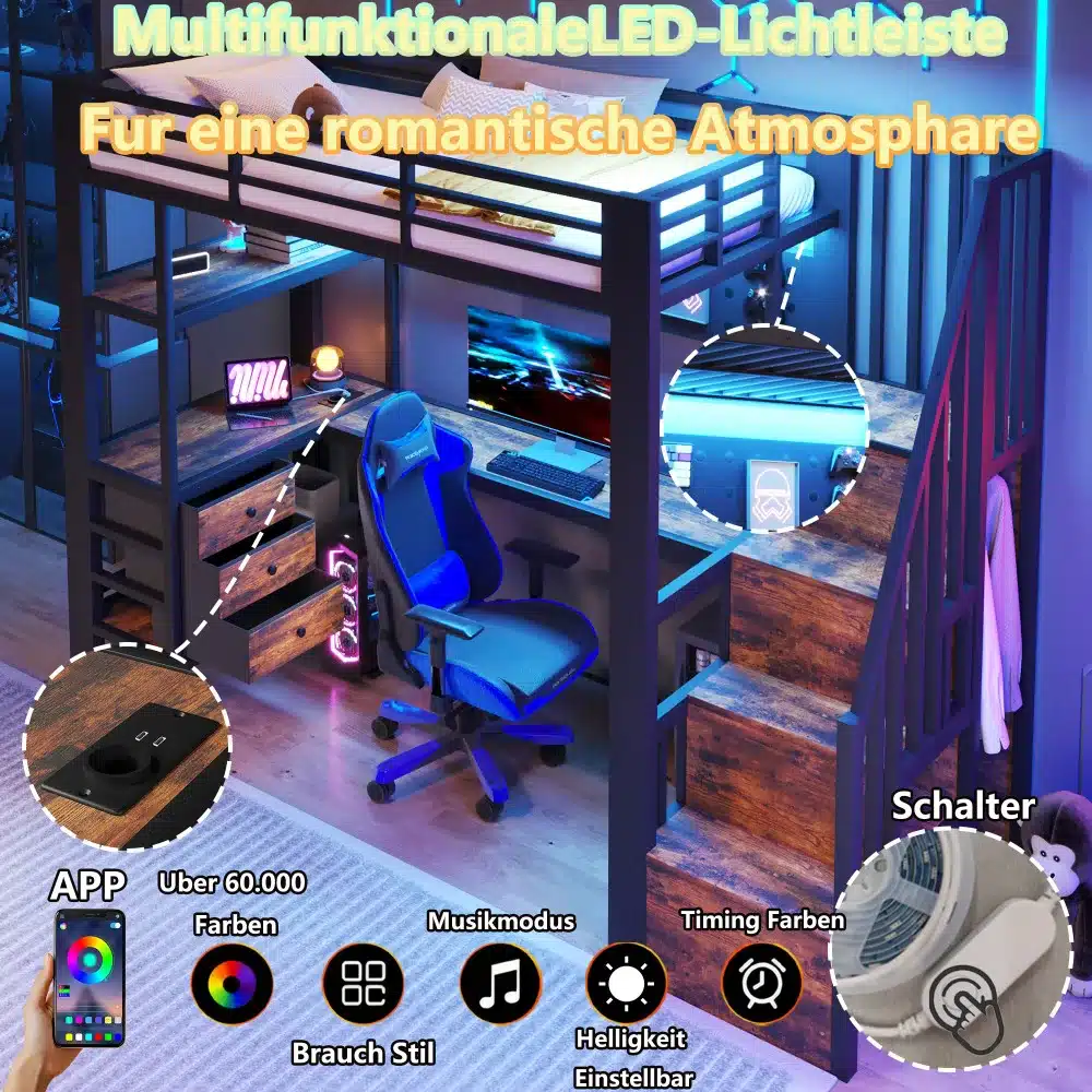 Metallist narivoodi 90x200 cm koos kirjutuslauaga ja LED valgustusega, näidatud modernses lastetoas. Voodialune kirjutuslaud on varustatud sülearvuti ja stiilse tooliga ning astmetega trepp pakub lihtsat ligipääsu narivoodile. LED valgustus loob toa ümbruses erilise meeleolu sinakaslillakate toonidega.