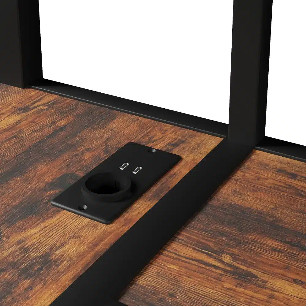 Metallist narivoodi 90x200 cm koos integreeritud USB laadimisjaamaga puidust laua pinnal, musta raamiga nurk.