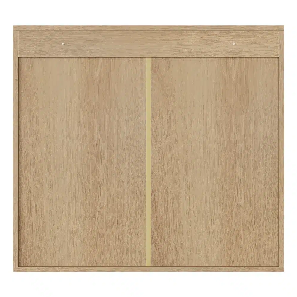 Ribidega tammepuidust seinakapp kahe uksega, naturaalne puiduvärv, minimalistlik disain, sobib vannituppa.