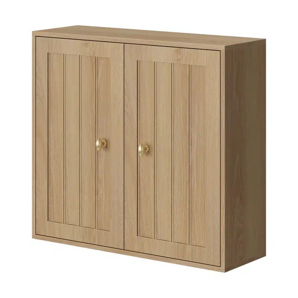 Ribidega tammepuidust seinakapp kahe uksega vannituppa, mis on valmistatud naturaalsest helepruunist tammepuust, minimalistlik ja elegantne disain, sobib igasse vannituppa.