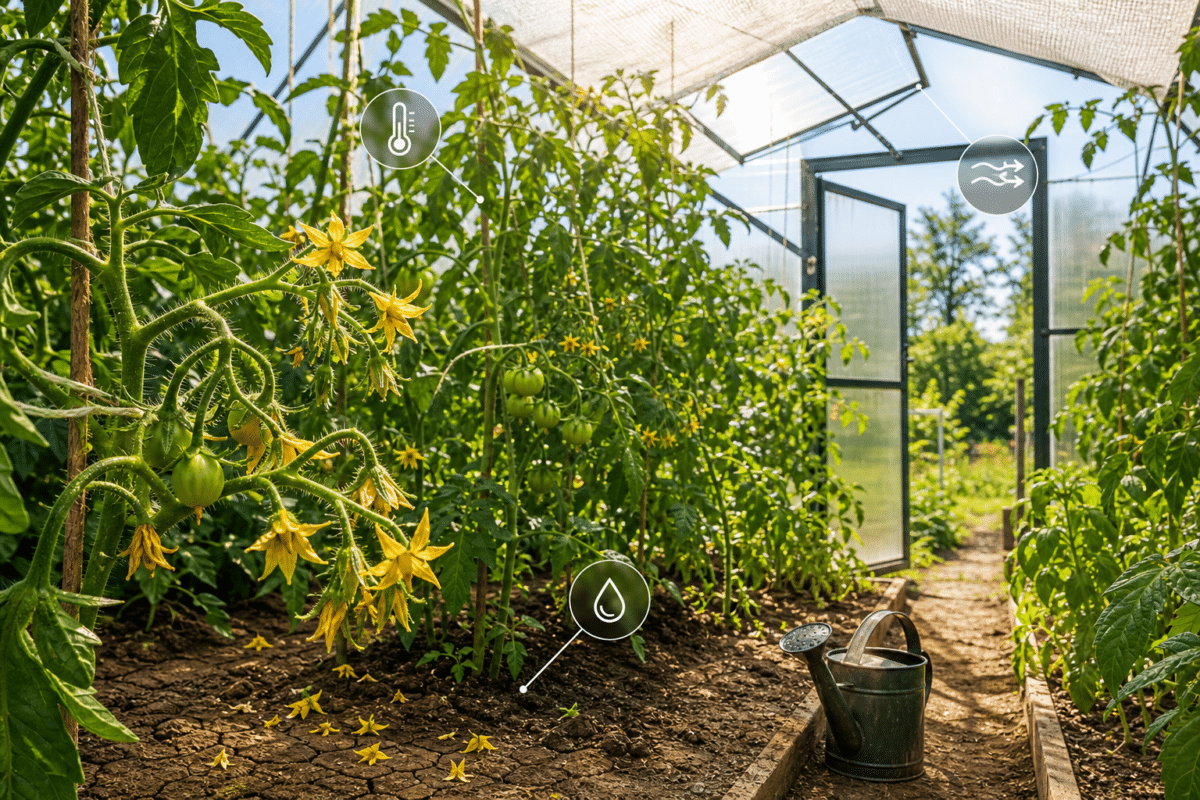 Tomati õied varisevad? Mida kasvuhoones muuta | E-pood Tootemaailm Tomatitaimed kasvuhoones kuumal suvepäeval õite ja roheliste viljadega