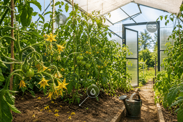 Tomatitaimed kasvuhoones kuumal suvepäeval õite ja roheliste viljadega