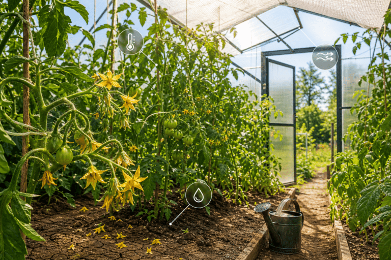 Tomatitaimed kasvuhoones kuumal suvepäeval õite ja roheliste viljadega