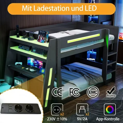 Narivoodi kirjutuslaua ja USB- ning LED-valgustusega 140x200 | E-pood Tootemaailm Tume puit narivoodi integreeritud kirjutuslaua, USB laadimispunktide ja LED-valgustusega. Voodi on paigutatud modernsesse tuppa, kus valgusriba ja elektroonilised seadmed lisavad tehnoloogilist hõngu.