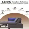 Diivanvoodi linase kattega reguleeritava seljatoe ja LED-USB pesadega | E-pood Tootemaailm Diivanvoodi linase kattega, millel on reguleeritav seljatugi ja LED-valgustusega USB pesadega. Taustal diagramm erinevate kallutusnurkadega elutoa valgustatud ruumis.