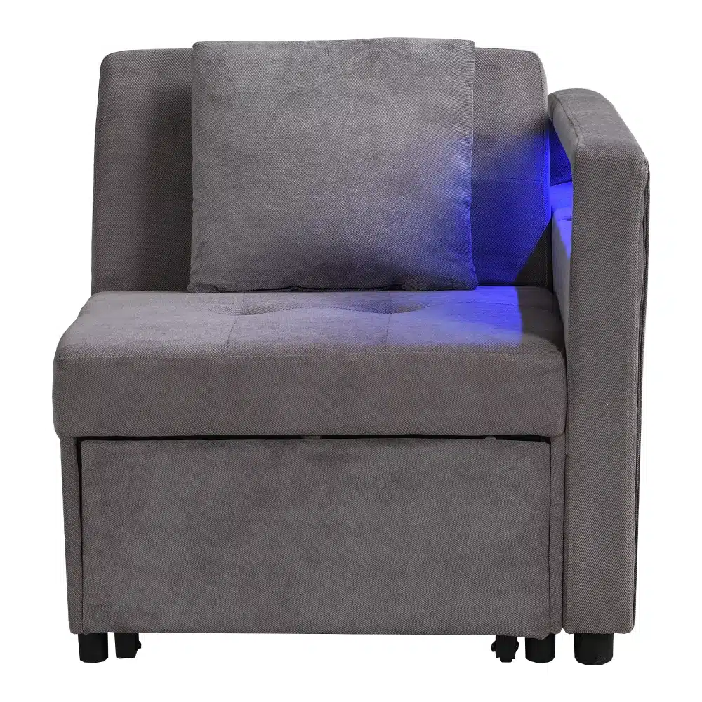 Hall diivanvoodi linase kattega, reguleeritava seljatoega ja LED-USB pesadega. Diivan on kompaktse disainiga, sobib erinevatesse ruumidesse, ja selle hall värvus lisab modernset elegantsi. Taustal on sinakad LED-tuled, mis loovad hubase atmosfääri.