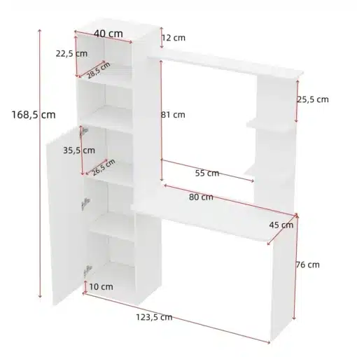 Arvutilaud riiuliga valge 123,5×45×168,5 cm kodukontorisse | E-pood Tootemaailm Arvutilaud riiuliga, valge värviga, koos mitmete riiulite ja integreeritud kappidega. Laua mõõdud on 123,5×45×168,5 cm, ideaalne praktiliseks kasutamiseks kodukontoris. Detailidena on esile toodud laua erinevate osade mõõdud.