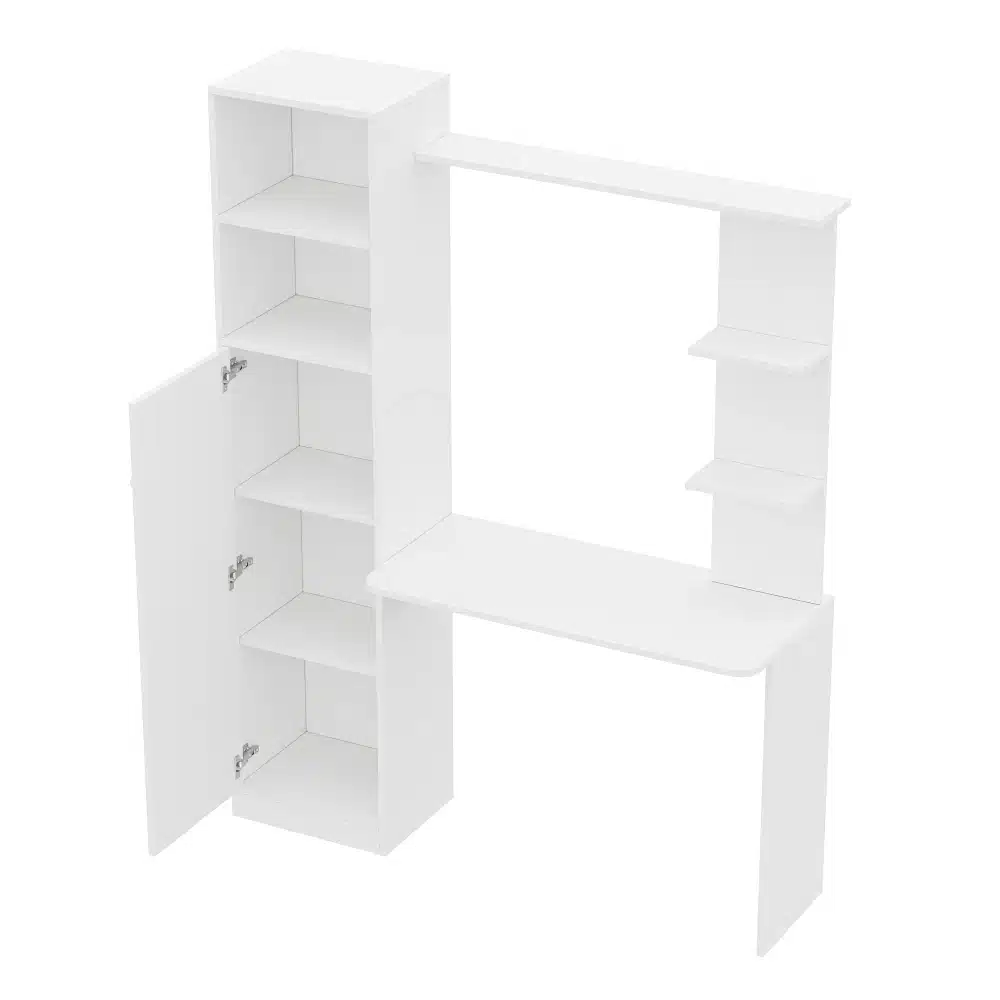 Valge arvutilaud riiulitega, mõõtmetega 123,5×45×168,5 cm, sobib kodukontorisse. Pildil on näha minimalistlik disain mitme avatud ja suletud riiuliga, mistõttu on laud funktsionaalne ja ruumi säästev.