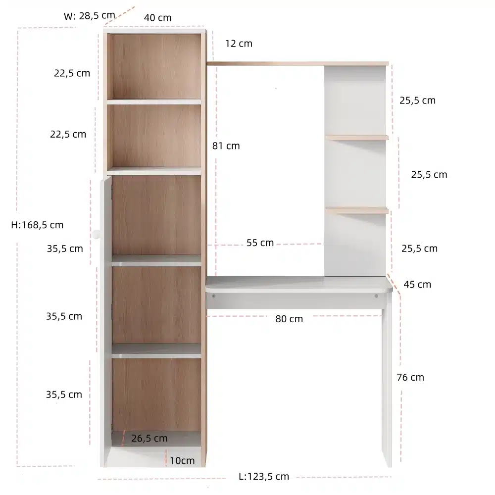 Valge arvutilaud riiuliga mõõtmetega 123,5×45×168,5 cm, sobib hästi kodukontorisse. Laud pakub avarat riiuliruumi erinevatesse kõrgustesse paigutatud riiuliplaatidega ja eraldiseisva lauapinnaga.
