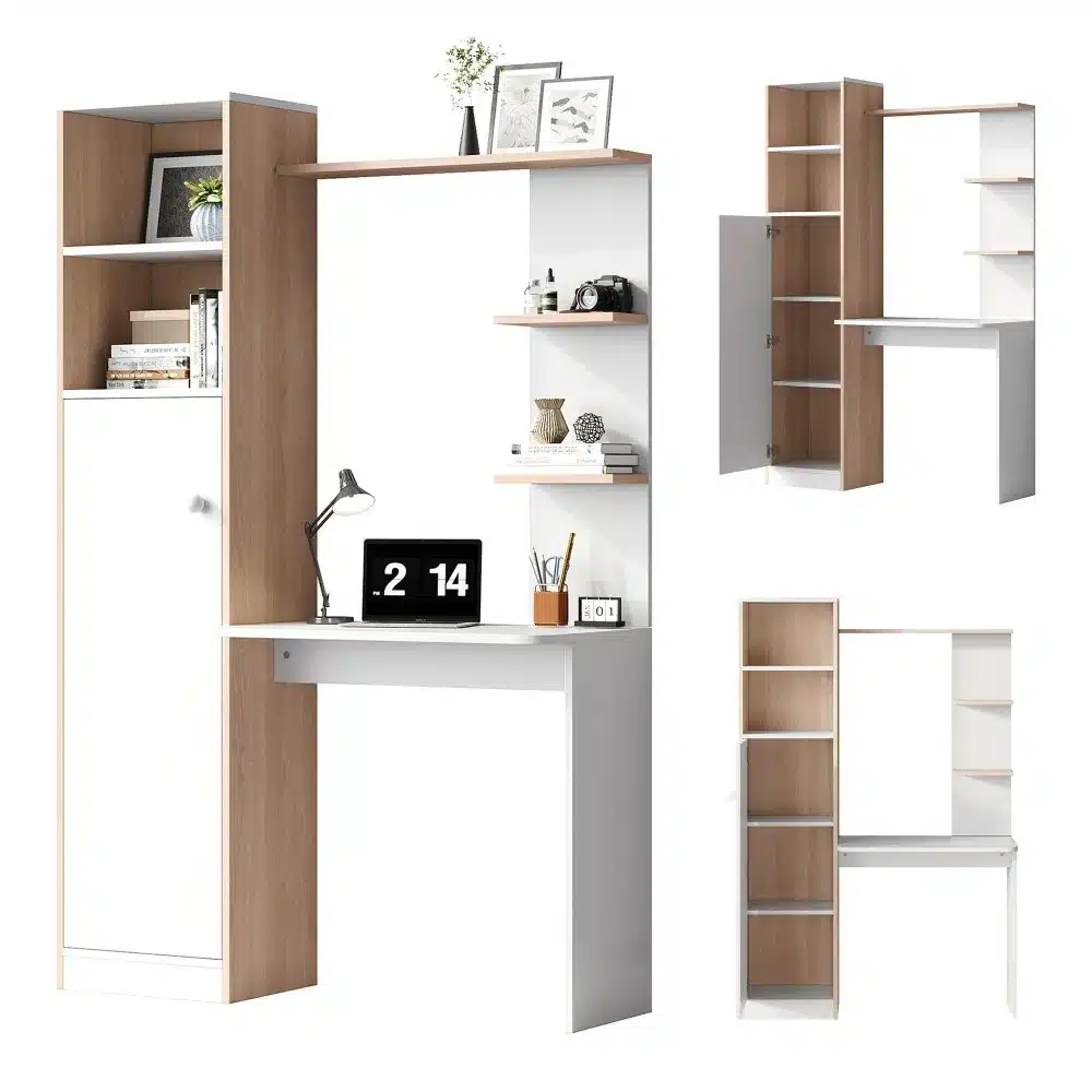 Valge arvutilaud riiuliga, mõõtmetega 123,5×45×168,5 cm, sobilik kodukontorisse. Laud on valmistatud kvaliteetsetest materjalidest, sisaldab mahukaid riiuleid ning praktilist kirjutusosaga tööpinda. Taust on neutraalne, pilt keskendub detailidele ja funktsionaalsusele.