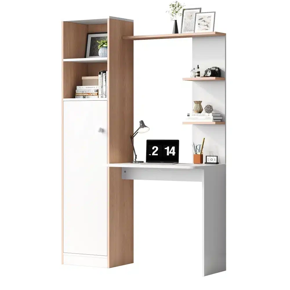 Arvutilaud riiuliga valge 123,5×45×168,5 cm kodukontorisse, millel on modernne valge ja puiduimitatsiooniga disain. Laud sisaldab mitmeid riiuleid ja hoiuruumi pruunide detailidega ning sobib ideaalselt organiseeritud töökeskkonna loomiseks. Sellel asuvad dekoratiivsed esemed, nagu laualamp ja raamitud pildid.