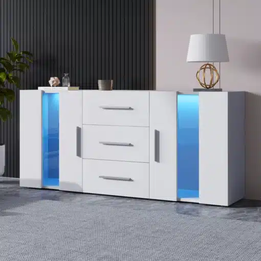 Tv-alus led valgustusega ja mitmeotstarbeline hoiukapp 140x35x70 cm | E-pood Tootemaailm Valge Tv-alus led valgustusega ja mitmeotstarbeline hoiukapp 140x35x70 cm, mille kummalgi pool on sinise LED-valgustusega klaasriiulid, puhastes ja modernsetes joonetes, asetatud neutraalsesse elutoa keskkonda tumeda seina taustal.