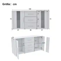 Valge Tv-alus led valgustusega ja mitmeotstarbeline hoiukapp, mõõtmetega 140x35x70 cm, avatud ja suletud uste ning sahtlitega, esiküljel detailide ja mõõtudega joonised, sobib ideaalselt elutoa kaasaegsesse sisustusse.