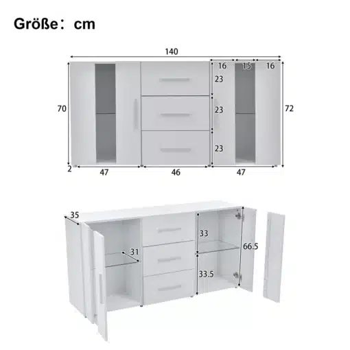 Tv-alus led valgustusega ja mitmeotstarbeline hoiukapp 140x35x70 cm | E-pood Tootemaailm Valge Tv-alus led valgustusega ja mitmeotstarbeline hoiukapp, mõõtmetega 140x35x70 cm, avatud ja suletud uste ning sahtlitega, esiküljel detailide ja mõõtudega joonised, sobib ideaalselt elutoa kaasaegsesse sisustusse.