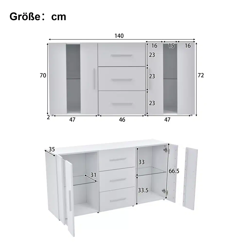 Valge TV-alus led valgustusega ja mitmeotstarbeline hoiukapp mõõtudega 140x35x70 cm, millel on kolm sahtlit ja kaks klaasustega osa kummalgi küljel.