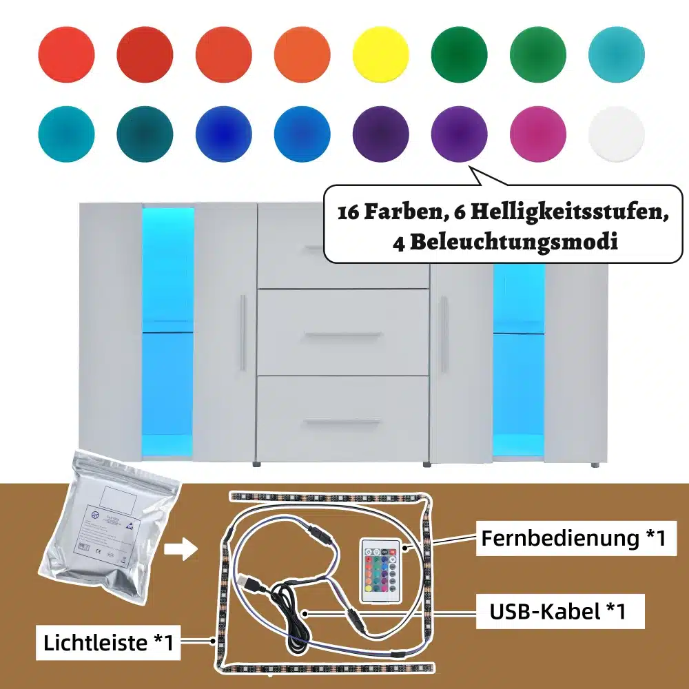 Hall TV-alus led valgustusega ja mitmeotstarbeline hoiukapp mõõtudega 140x35x70 cm. Pildil on esindatud kapp erinevate värviliste LED-valgustuste ja erinevate režiimidega. Näidatud on ka komplekti kuuluvad tarvikud, sealhulgas valgusliist, kaugjuhtimispult ja USB-kaabel.