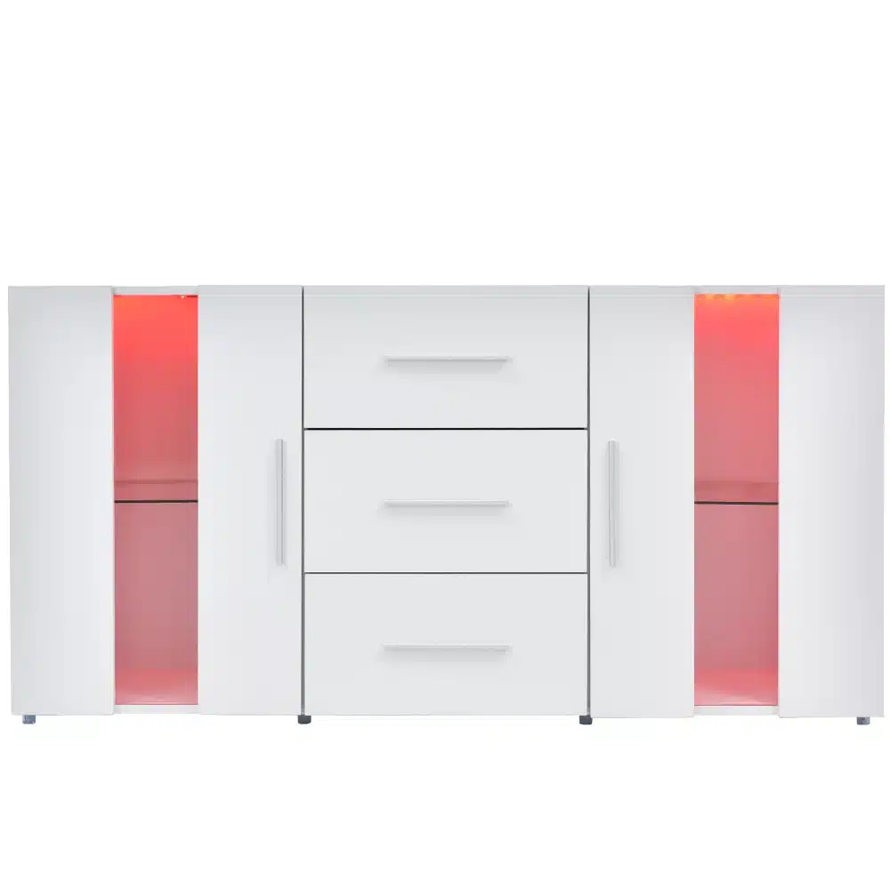 Valge Tv-alus led valgustusega ja mitmeotstarbeline hoiukapp, mõõtmetega 140x35x70 cm, sisaldab kolme keskmist sahtlit ja kahte külgmist kapiosa, punase LED-valgustusega riiulitega.