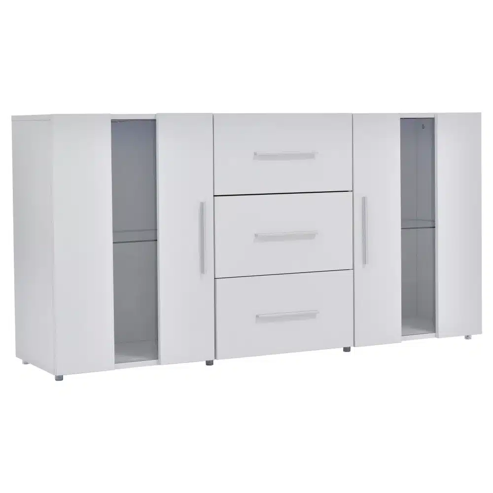 Valge tv-alus led valgustusega ja mitmeotstarbeline hoiukapp, mõõtmetega 140x35x70 cm, millel on kolm sahtlit ja kaks klaasist külgkappi. Minimalistlik disain sobib igasse elutuppa, pakkudes mugavat hoiuruumi ja esteetilist valgustust.