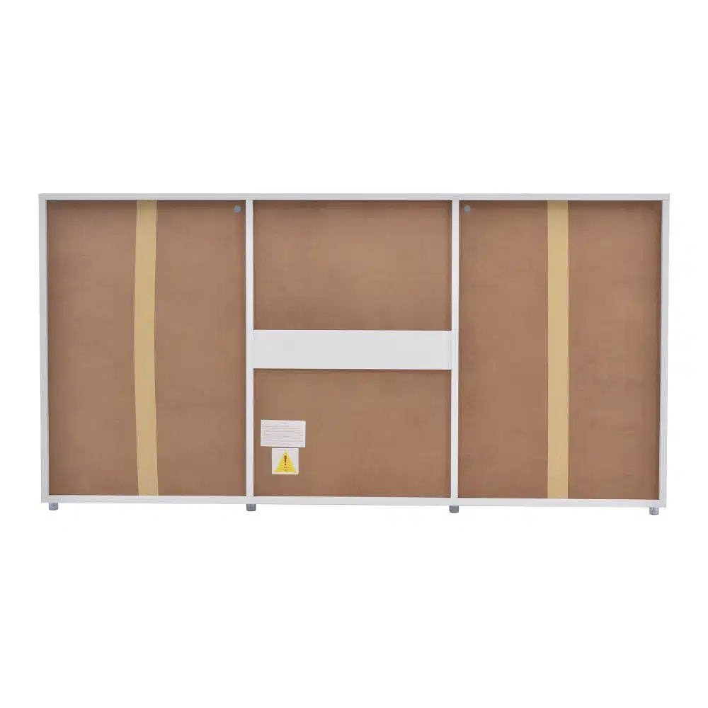 Tv-alus led valgustusega ja mitmeotstarbeline hoiukapp 140x35x70 cm tagaküljelt. Kapp on valmis paigaldamiseks ja nähtaval peamine konstruktsioonivõrk.
