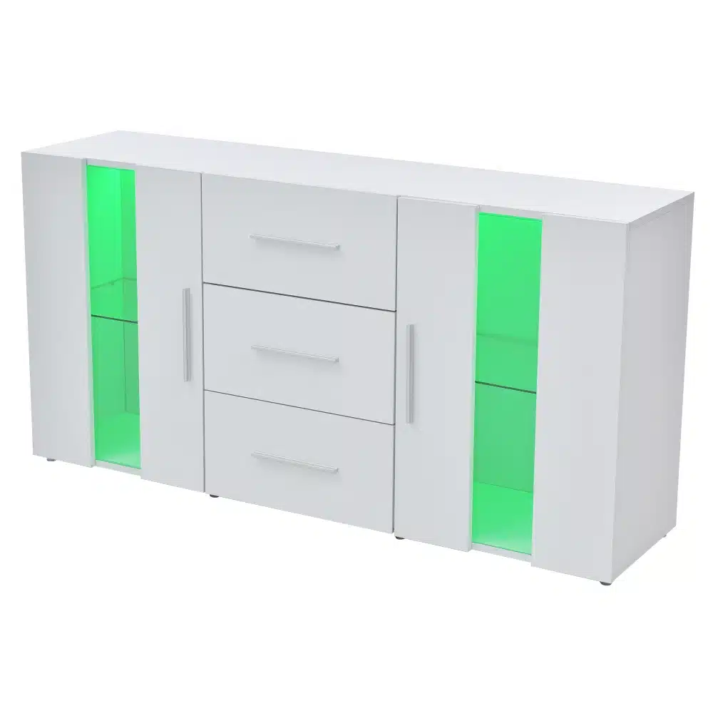 Elegantne valge tv-alus LED-valgustusega ja mitmeotstarbeline hoiukapp, mõõtmetega 140x35x70 cm, mille kaks külgpaneeli on valgustatud roheliste LED-tuledega. Keskosa moodustavad kolm sahtlit ja kaks suletud ust, pakuvad rohkelt hoiuruumi. Pind on puhas ja kaasaegne, sobib ideaalselt igasse elutuppa.