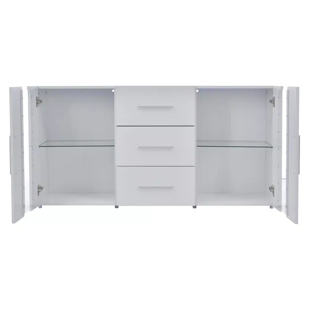 Valge, minimalistlik Tv-alus led valgustusega ja mitmeotstarbeline hoiukapp mõõtmetega 140x35x70 cm, millel on klaasriiulid ja avanevad uksed, ideaalne kaasaegsesse elutuppa.