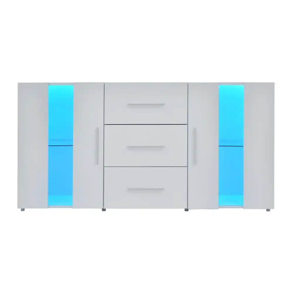 Valge tv-alus led valgustusega ja mitmeotstarbeline hoiukapp mõõtudega 140x35x70 cm, millel on sinised valgustatud riiulid ning keskel kolm sahtlit. Kaasaegne, minimalistlik disain sobib igasse elutuppa.