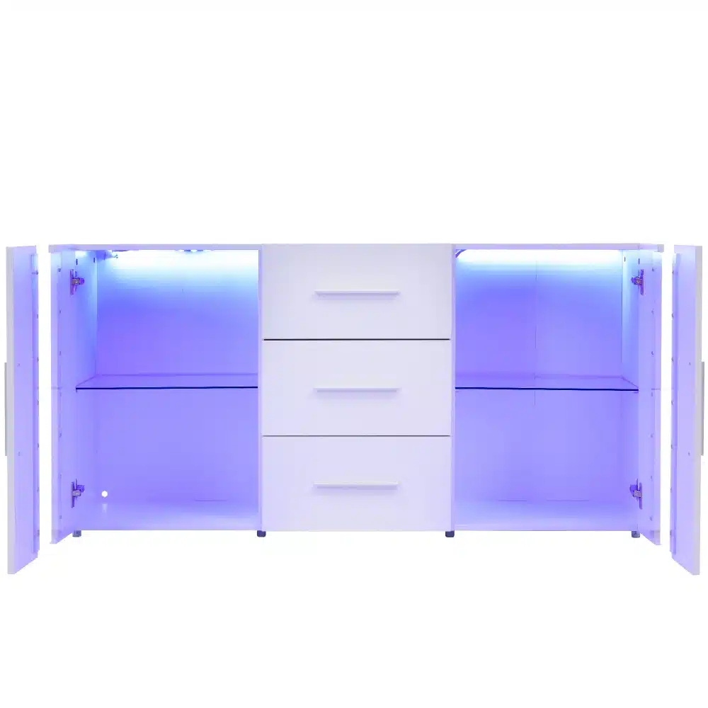 Valge tv-alus led valgustusega ja mitmeotstarbeline hoiukapp mõõtudega 140x35x70 cm, avatud kappide ja sahtlitega, särav sinine valgus taustal.