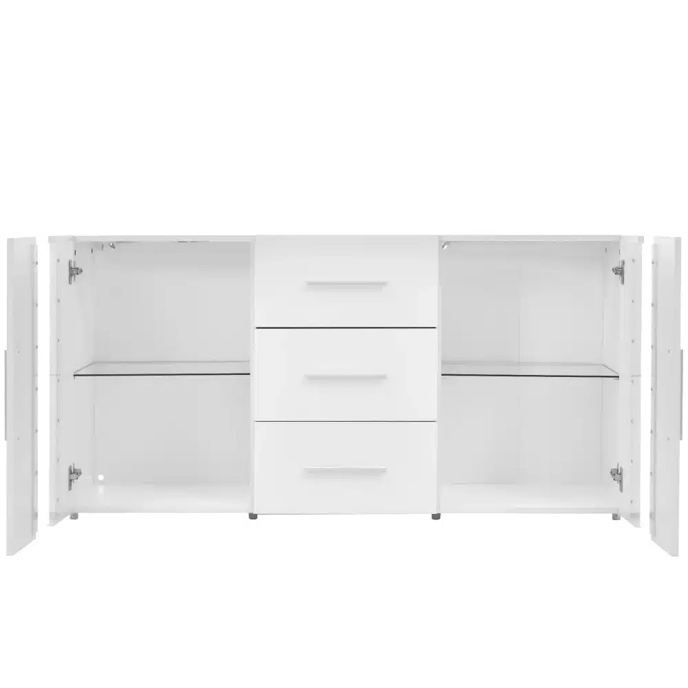 Stiilne valge TV-alus led valgustusega ja mitmeotstarbeline hoiukapp, mõõtmetega 140x35x70 cm, mille lahti olevate kappide ja sahtlite sisemus on selgelt nähtav. See elegantne mööbel toob kaasaegse disaini elutuppa ning pakub palju hoiuruumi.