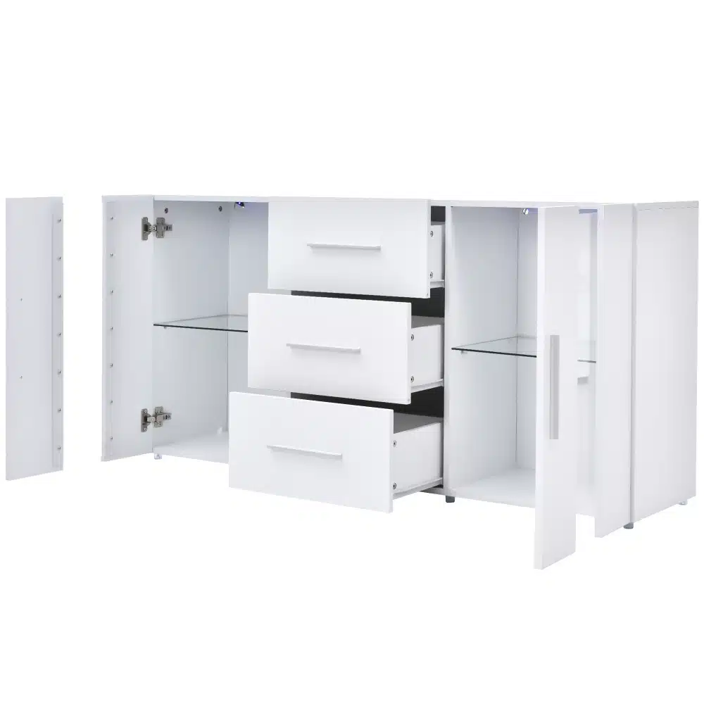 Valge mitmeotstarbeline hoiukapp koos led valgustusega, sisaldab kolme avatud sahtlit ja erinevaid riiuleid, minimalistliku disainiga ja sobib elutuppa Tv-alusena, mõõtmetega 140x35x70 cm.
