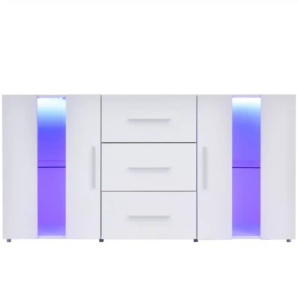Valge TV-alus led valgustusega ja mitmeotstarbeline hoiukapp mõõtudega 140x35x70 cm, sinise LED-valgustusega riiulite taustal elutoa interjööris.