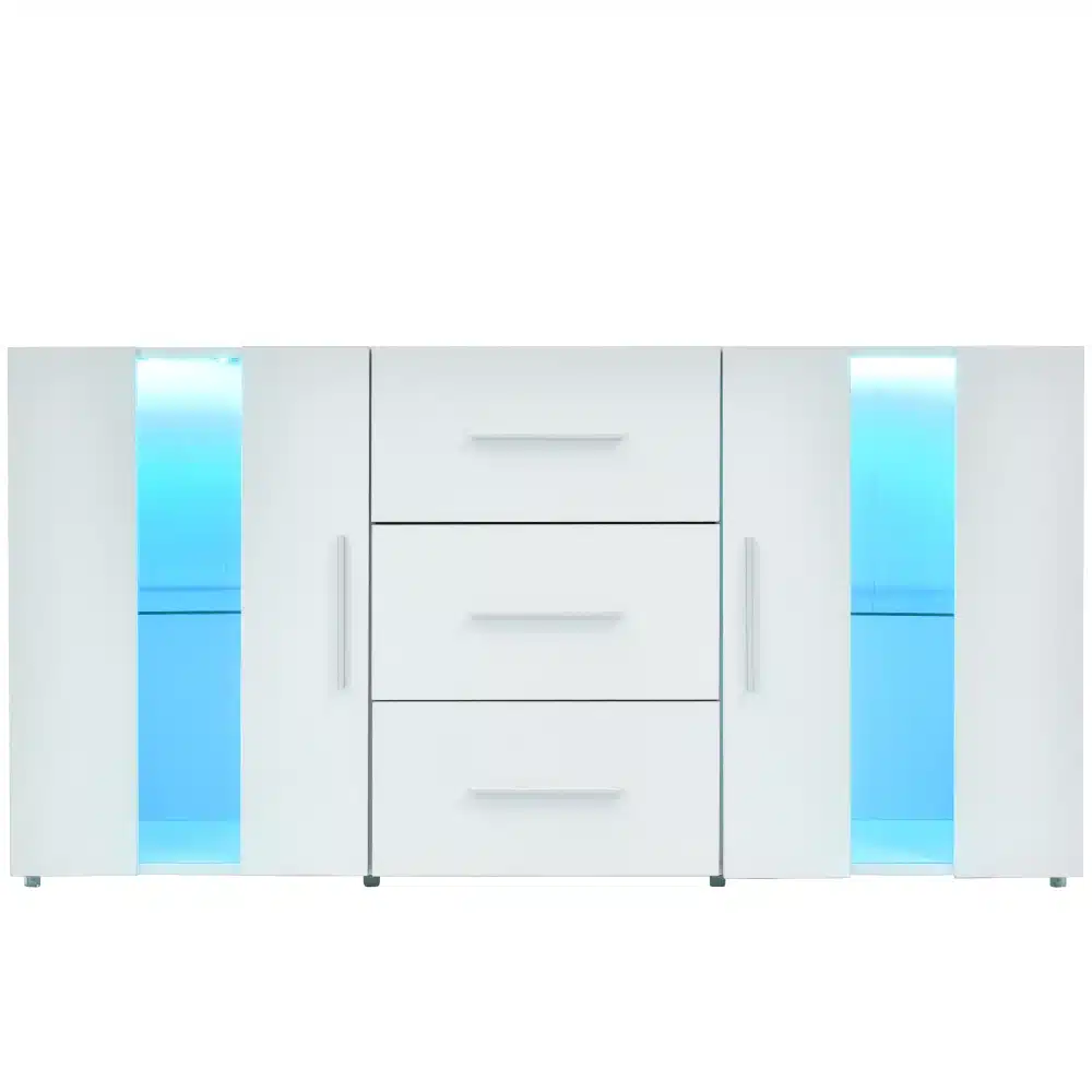 Valge mitmeotstarbeline hoiukapp mõõtmetega 140x35x70 cm, millel on LED valgustusega riiulid. Kapi keskel on kolm sahtlit ning mõlemal küljel sinise LED valgustusega avatud riiulid.