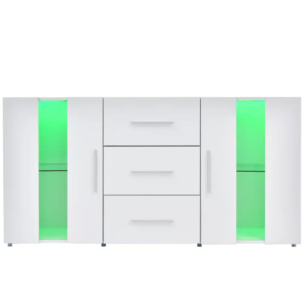 Valge mitmeotstarbeline hoiukapp LED-valgustusega, mõõtmetega 140x35x70 cm, elutoa mööbli elemendina. Kapi uste taga nähtav roheline LED-valgus loob modernse ja stiilse kujunduse.