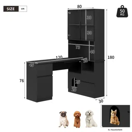 Arvutilaud L-kujuline LED-kapiga ja kaablite juhtimisega 120×80×180 cm | E-pood Tootemaailm Must L-kujuline arvutilaud, LED-kapiga ja kaablite juhtimisega, mõõtmetega 120×80×180 cm. Pildil on laua detailid ja mõõdud täpselt märgitud, sobiv kodu- või kontorikasutuseks, koeramaja allosas.