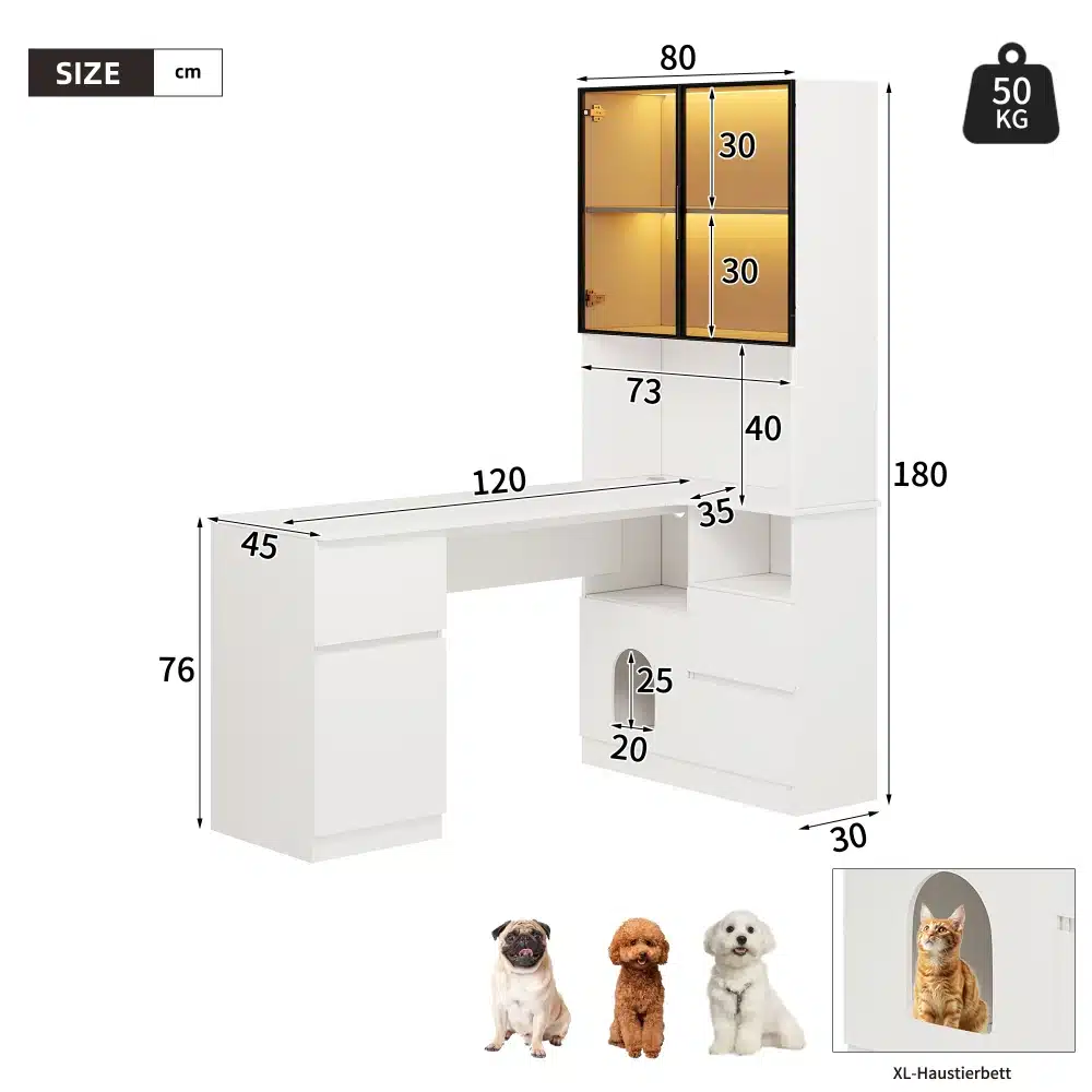 Valge L-kujuline arvutilaud LED-kapiga ja kaablite juhtimisega, mõõtmetega 120×80×180 cm. Laud on moodsa disainiga, sisaldab integreeritud LED-valgustust ja mitmeid hoiulahendusi. Pildil on laua mõõtmed visuaalselt esitatud teksti ja graafikutega, samuti kaasneb kujutis lemmikloomade ala kohta laua all.