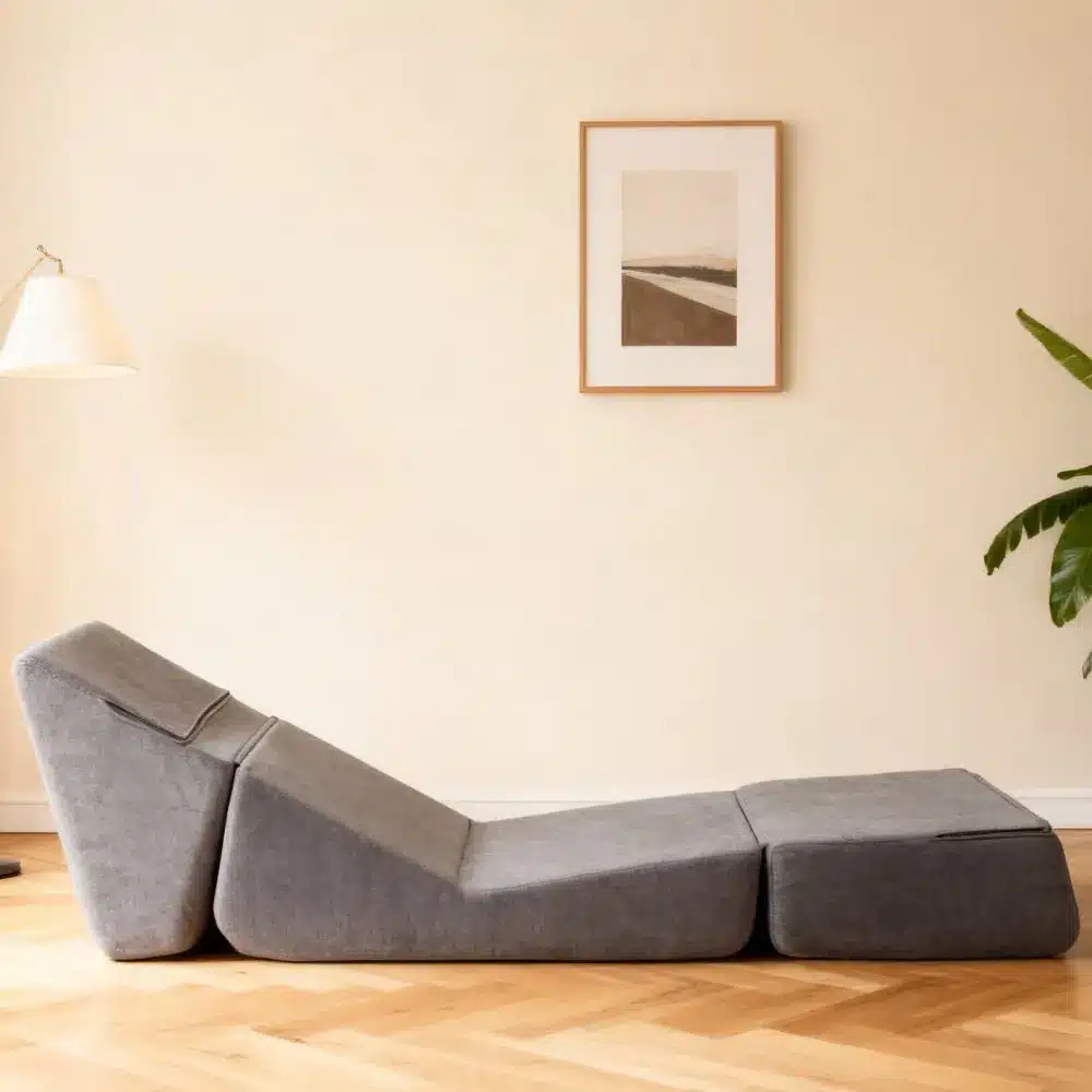 Diivanvoodi halli värvi kokkupandav ja mitmefunktsiooniline madrats avatud asendis heledas elutoas, minimalistlik taust ja toataim nurga peal.