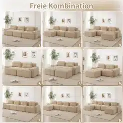 Beige modulaarne nurgadiivan elutoas erinevates konfiguratsioonides, millel on pehmed padjad ja neutraalsed seinad, modernse sisustusega helge toas atmosfäär.