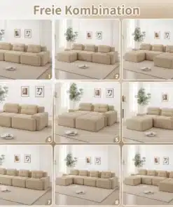 Beige modulaarne nurgadiivan elutoas erinevates konfiguratsioonides, millel on pehmed padjad ja neutraalsed seinad, modernse sisustusega helge toas atmosfäär.